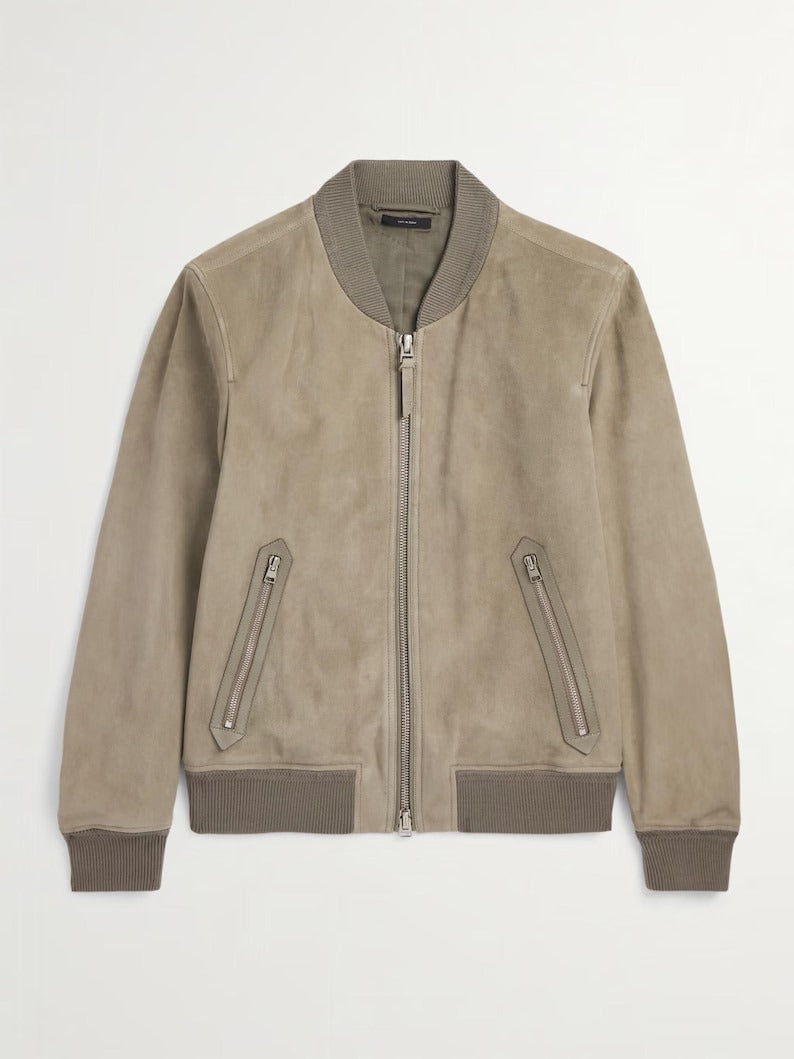 Men’s Beige Suede Bomber Jacket with Zip Pockets